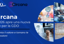 Blue banner announcing Circana and GDO news with Italian text about 2026 opening a new phase for the GDO and a circular collage on the right.