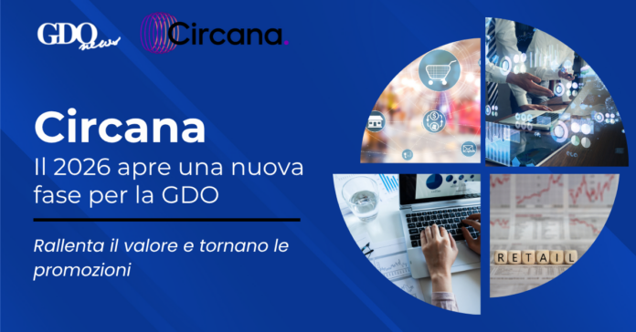 Blue banner announcing Circana and GDO news with Italian text about 2026 opening a new phase for the GDO and a circular collage on the right.