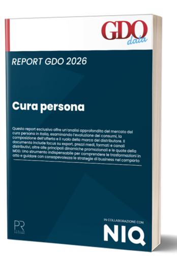 Book cover: 'Cura persona' report GDO 2026 on a dark blue cover with NIQ logo