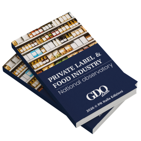 Two navy blue books titled 'Private Label & Food Industry' stacked, cover shows shelves of packaged foods.