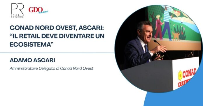 Header banner: 'Conad Nord Ovest, Ascari: Il retail deve diventare un ecosistema' with Adamo Ascari speaking at a podium (round photo on the right).