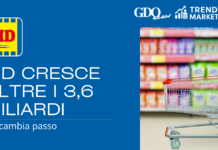 Banner promoting MD growth with the MD logo, headline 'MD CRESCE OLTRE I 3,6 MILIARDI' and subtitle 'Ma cambia passo', plus a shopping cart in a store.