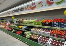 iN’S Mercato cresce con due interventi sulla rete tra Piemonte e Lombardia Produce aisle in a supermarket with crates of tomatoes, peppers, and other fresh fruit on display under an 'Ortofrutta' sign.