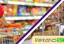 Shopper pushing a cart in a colorful grocery store, split with a warehouse aisle of boxed pallets and a forklift, featuring the Retanc SCM logo in the corner.