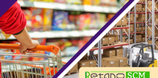 Dove stanno andando i sistemi di riassortimento automatico e di gestione della supply chain? AI + Human Expertise integrati in Retano SCM Shopper pushing a cart in a colorful grocery store, split with a warehouse aisle of boxed pallets and a forklift, featuring the Retanc SCM logo in the corner.