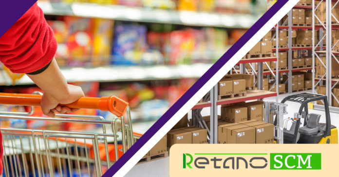 Shopper pushing a cart in a colorful grocery store, split with a warehouse aisle of boxed pallets and a forklift, featuring the Retanc SCM logo in the corner.
