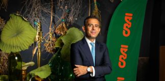 Professional portrait: man in a navy suit and blue tie stands with arms crossed beside a green banner with orange text, among botanical décor and brass items.