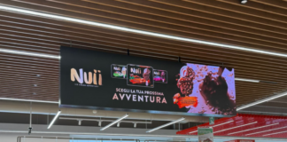 Produce aisle in a supermarket showing kiwis, kiwifruit, avocados and pineapples with a Nuii ice cream ad banner overhead.
