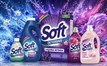 Soft: il rilancio che porta nuovo valore alla categoria Assorted Soft laundry detergents and fabric softener bottles in blue, pink, and purple with lavender-themed packaging against a colorful splash background.