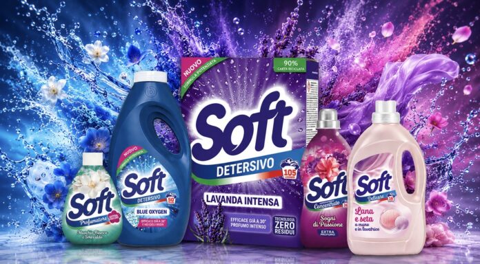 Assorted Soft laundry detergents and fabric softener bottles in blue, pink, and purple with lavender-themed packaging against a colorful splash background.