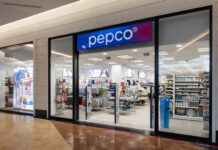 Pepco storefront with glass doors and a blue sign; clothing and home goods visible inside the store.
