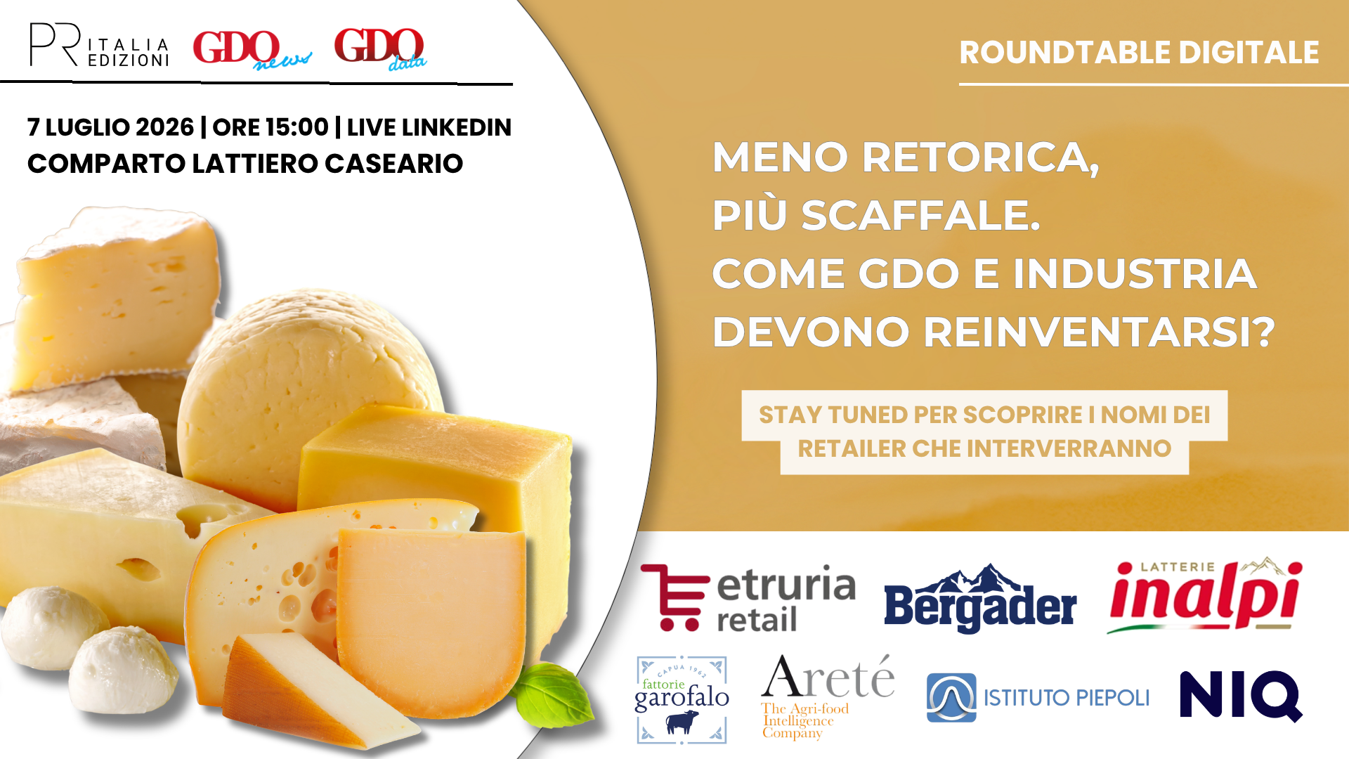 Promotional banner with a cheese collage on the left and a gold panel on the right announcing a Digital Roundtable about the cheese industry (sponsor logos below).