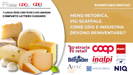 Cheese collage on the left with Italian logos and a gold panel on the right showing 'ROUND TABLE DIGITALE' and the title text about reducing rhetoric in the cheese industry.