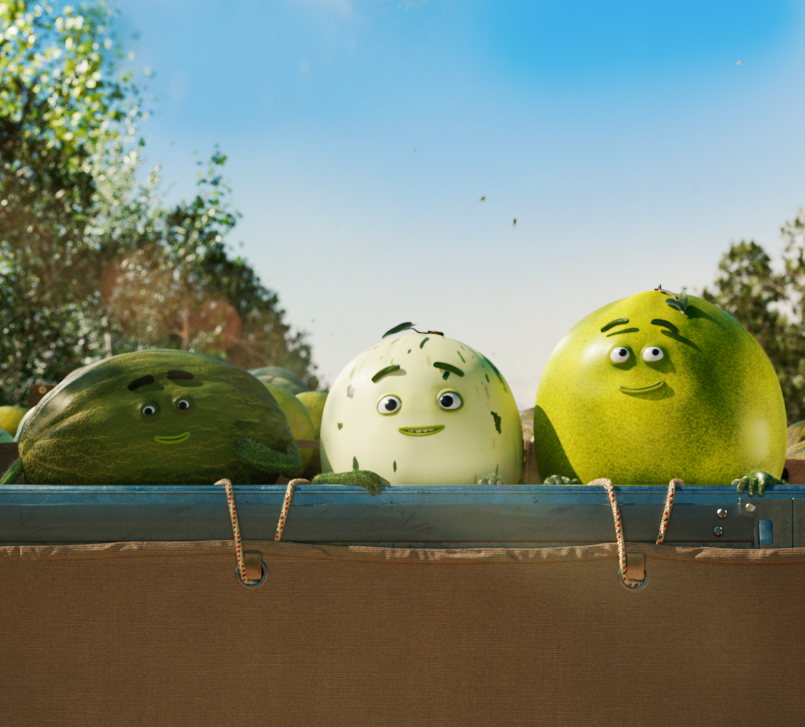 Three cartoon melons with friendly faces peek over a crate on a wooden wagon outdoors. (informative)