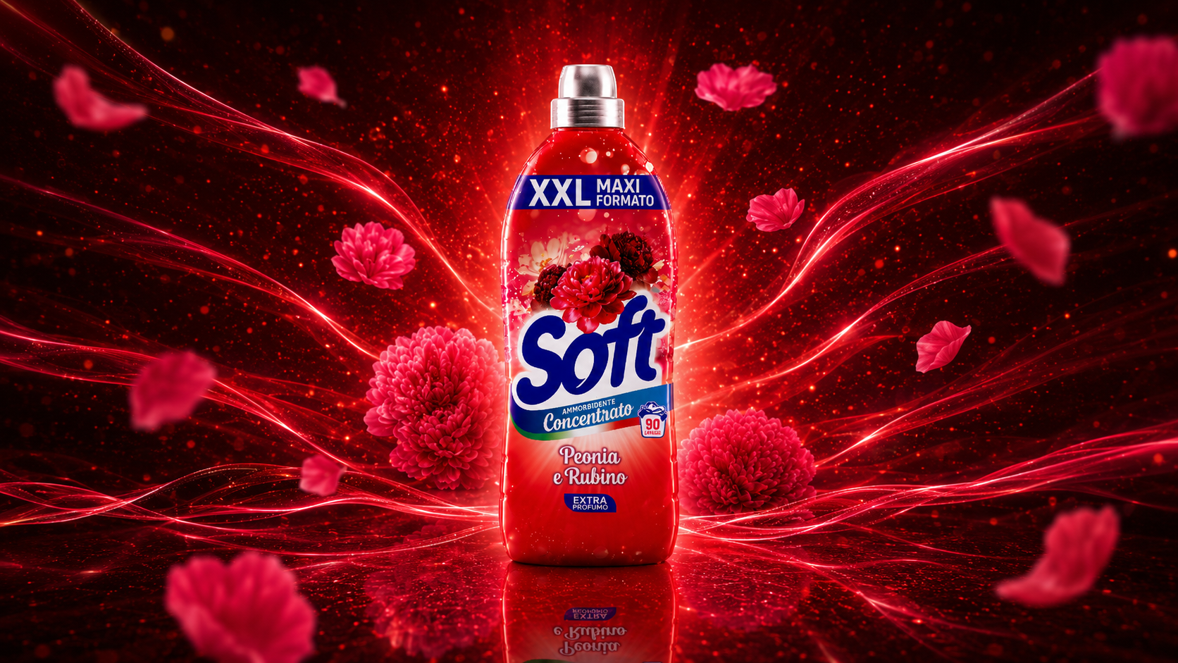 Red Soft fabric softener bottle surrounded by pink peonies and swirling red light effects.