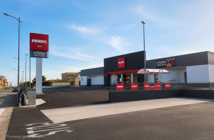 Exterior view of a Penny supermarket with a tall sign, red logo, and modern black-and-gray facade under a blue sky.