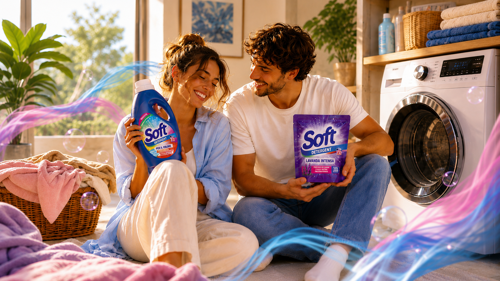 Smiling couple sits on the floor with Soft detergent bottles near a front-loading washer in a sunny laundry room.