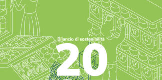 Sustainability report cover in green with line-art of people shopping; large '25' and text 'Bilancio di sostenibilità' and 'Il valore delle relazioni'