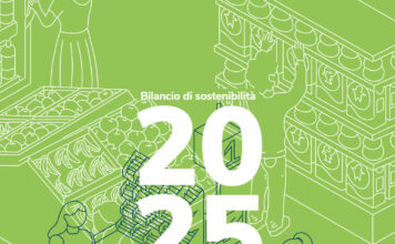Sustainability report cover in green with line-art of people shopping; large '25' and text 'Bilancio di sostenibilità' and 'Il valore delle relazioni'
