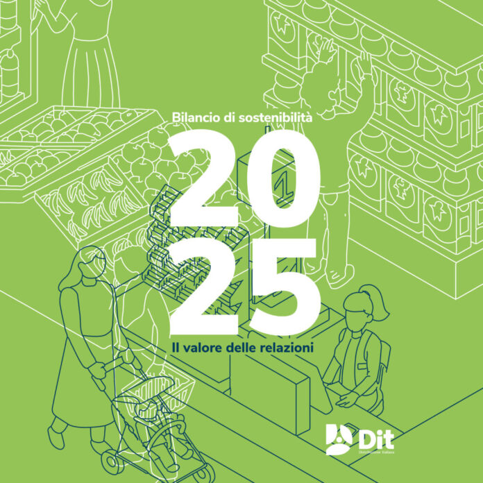 Sustainability report cover in green with line-art of people shopping; large '25' and text 'Bilancio di sostenibilità' and 'Il valore delle relazioni'