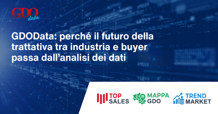 1200x628 (3) GDOData banner: explains that future industry–buyer negotiations rely on data analysis; logos Top Sales, MAPPA GDO, Trend Market shown.