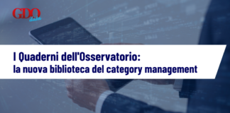 Banner image: person holding a tablet against a blue data background, title in Italian 'I Quaderni dell'Osservatorio: la nuova biblioteca del category management' with GDO data logo.