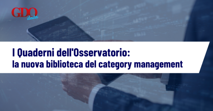 1200x628_GDOData-esp Banner image: person holding a tablet against a blue data background, title in Italian 'I Quaderni dell'Osservatorio: la nuova biblioteca del category management' with GDO data logo.