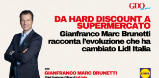 Promotional banner with Gianfranco Marc Brunetti for Lidl Italia; headline on Lidl’s evolution from hard discount to supermarket; Lidl logo visible (bottom-right).