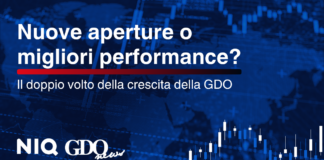 Nuove aperture o migliori performance? Il doppio volto della crescita della GDO Copertina di articolo: confronto tra nuove aperture e migliori performance della GDO, con grafici di mercato su sfondo blu e logo NIQ GDO News.