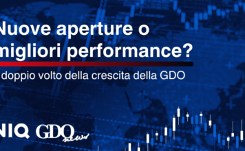 Nuove aperture o migliori performance? Il doppio volto della crescita della GDO Copertina di articolo: confronto tra nuove aperture e migliori performance della GDO, con grafici di mercato su sfondo blu e logo NIQ GDO News.