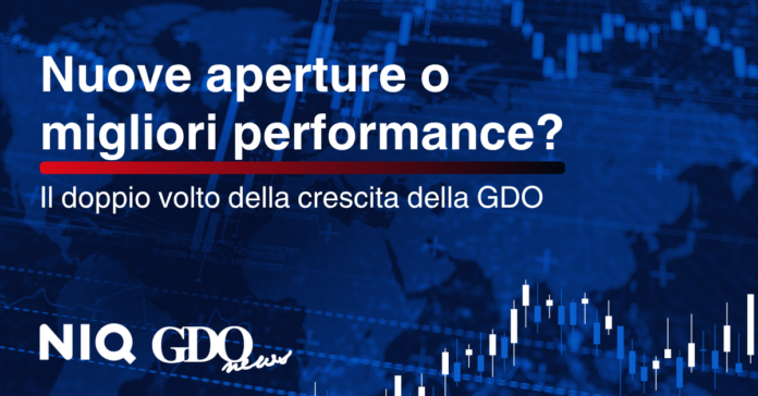1200x628_aperture-o-performance Copertina di articolo: confronto tra nuove aperture e migliori performance della GDO, con grafici di mercato su sfondo blu e logo NIQ GDO News.