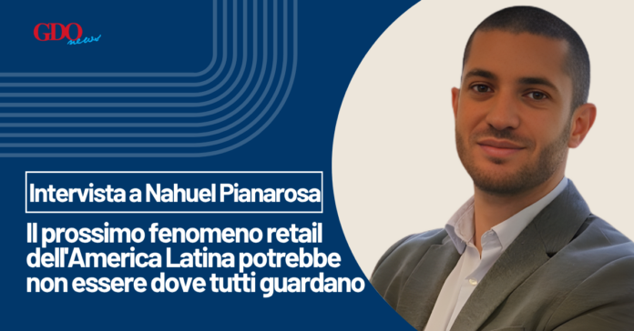 GDO News banner with a man in a suit on the right and the Italian interview headline: 'Intervista a Nahuel Pianarosa — Il prossimo fenomeno retail dell'America Latina potrebbe non essere dove tutti guardano'