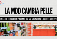 La MDD cambia pelle: retailer e industria puntano su co-creazione e valore condiviso GDO News banner with bold headline 'LA MDD CAMBIA PELLE', subtitle bar, and a blurred supermarket aisle photo