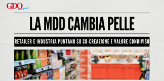 GDO News banner with bold headline 'LA MDD CAMBIA PELLE', subtitle bar, and a blurred supermarket aisle photo