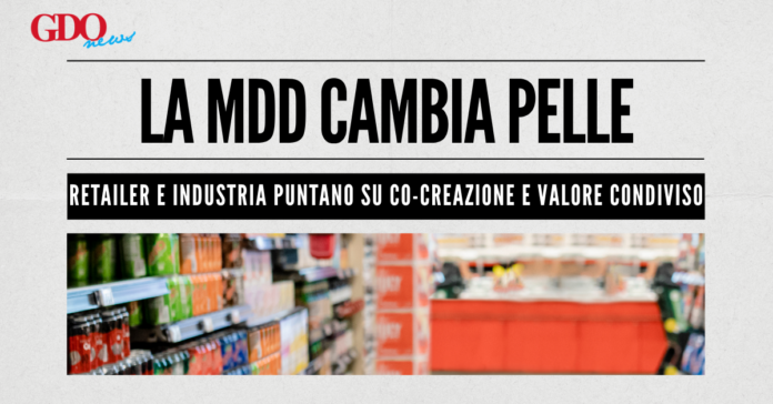 1200x628_la-mdd-cambia-pelle GDO News banner with bold headline 'LA MDD CAMBIA PELLE', subtitle bar, and a blurred supermarket aisle photo
