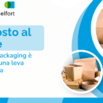 Graphic with Italian title 'Dal costo al valore' and subtitle about packaging as a competitive lever; logos GDO News and Delfort; boxes on the right.