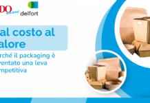Graphic with Italian title 'Dal costo al valore' and subtitle about packaging as a competitive lever; logos GDO News and Delfort; boxes on the right.