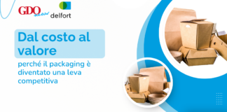 Graphic with Italian title 'Dal costo al valore' and subtitle about packaging as a competitive lever; logos GDO News and Delfort; boxes on the right.