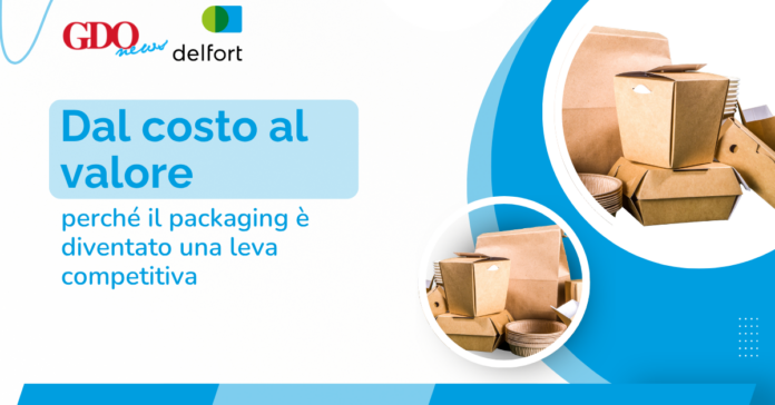 1200x628_packaging-delfort Graphic with Italian title 'Dal costo al valore' and subtitle about packaging as a competitive lever; logos GDO News and Delfort; boxes on the right.