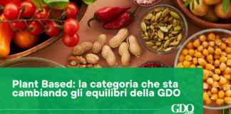 Plant Based: la categoria che sta cambiando gli equilibri della GDO Banner showing colorful plant-based foods (tomatoes, peppers, nuts, seeds) with a green overlay text: 'Plant Based: la categoria che sta cambiando gli equilibri della GDO' and GDO data logo.