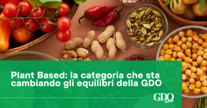 1200x628_plant based Banner showing colorful plant-based foods (tomatoes, peppers, nuts, seeds) with a green overlay text: 'Plant Based: la categoria che sta cambiando gli equilibri della GDO' and GDO data logo.