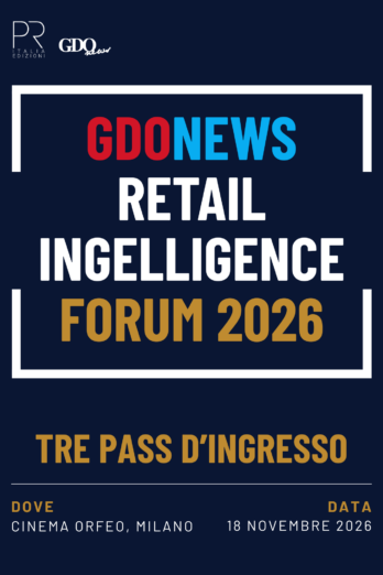 Poster for the GDONEWS Retail Intelligence Forum 2026 featuring blank white border frame and logos; event title in bold white and colored accents; date and venue in Italian.