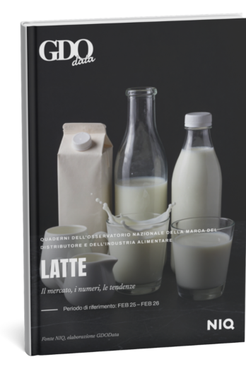 Cover of a dairy report showing milk bottles and a carton against a dark background, with bold LATTE title and GD0 data logo.
