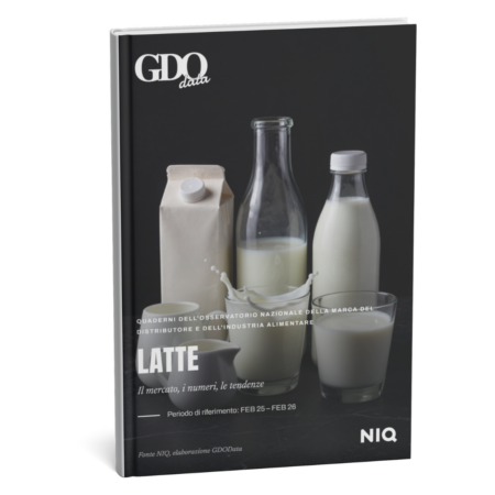 Cover of a dairy report showing milk bottles and a carton against a dark background, with bold LATTE title and GD0 data logo.