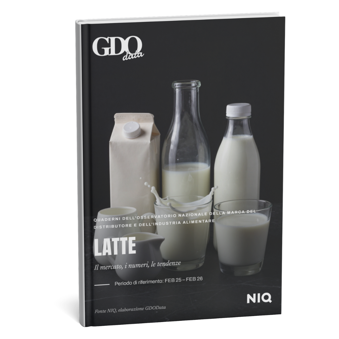 Cover of a dairy report showing milk bottles and a carton against a dark background, with bold LATTE title and GD0 data logo.