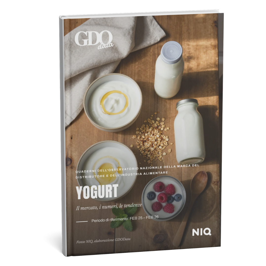 Cover of a yogurt market report showing bowls of yogurt, a milk bottle, granola, and berries on a wooden surface.