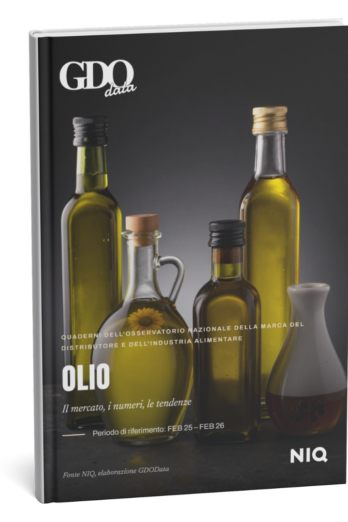 Cover of a glossy report titled 'OLIO' showing several olive oil bottles with a dark background; GD0 data logo appears at top left and NIQ at bottom right.