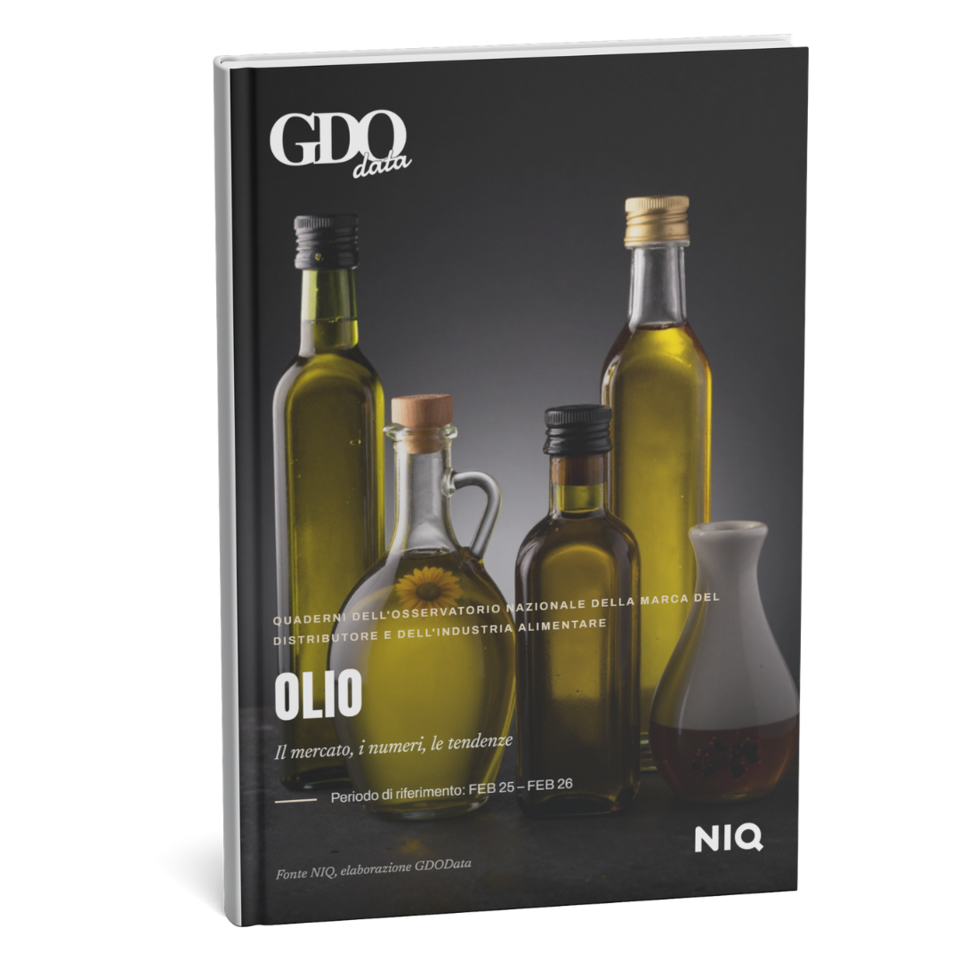 Cover of a glossy report titled 'OLIO' showing several olive oil bottles with a dark background; GD0 data logo appears at top left and NIQ at bottom right.