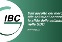 IBC logo on the left with a green gradient banner containing the Italian headline about market insights and gluten-free solutions in grocery retail (GDO).