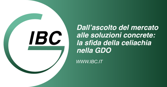 COPERTINA - Immagine IBC logo on the left with a green gradient banner containing the Italian headline about market insights and gluten-free solutions in grocery retail (GDO).